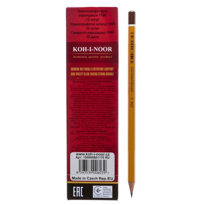 Карандаш чернографитный 2.0 мм, Koh-I-Noor 1500 B, профессиональный, L=175 мм Карандаш чернографитный 2.0 мм, Koh-I-Noor 1500 B, профессиональный, L=175 мм