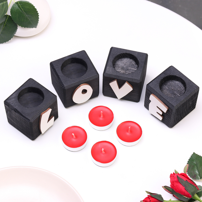 Подсвечник для интерьера 4 шт с надписью LOVE, цвет:  Подсвечник для интерьера 4 шт с надписью LOVE, цвет: "Эбен", аромат: клубника