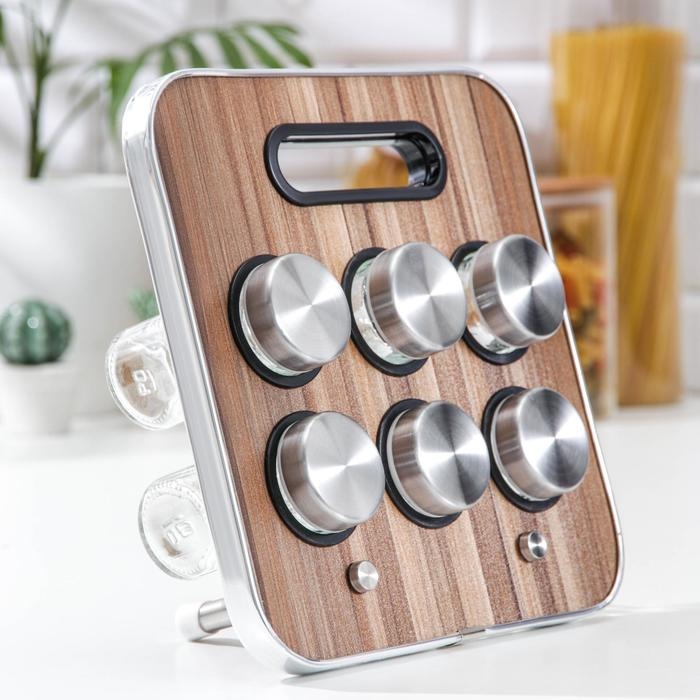 Набор для специй на подставке «Модерн», 28,5×12×18,5 см, 90 мл, 4×9,5 см, 6 шт Набор для специй на подставке «Модерн», 28,5×12×18,5 см, 90 мл, 4×9,5 см, 6 шт