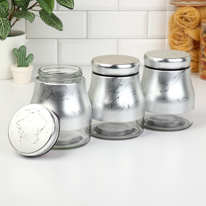 Банки стеклянные для хранения сыпучих продуктов &laquo;Мрамор&raquo;, 850 мл, 11,5&times;14,5 см, 3 шт, цвет серебряный