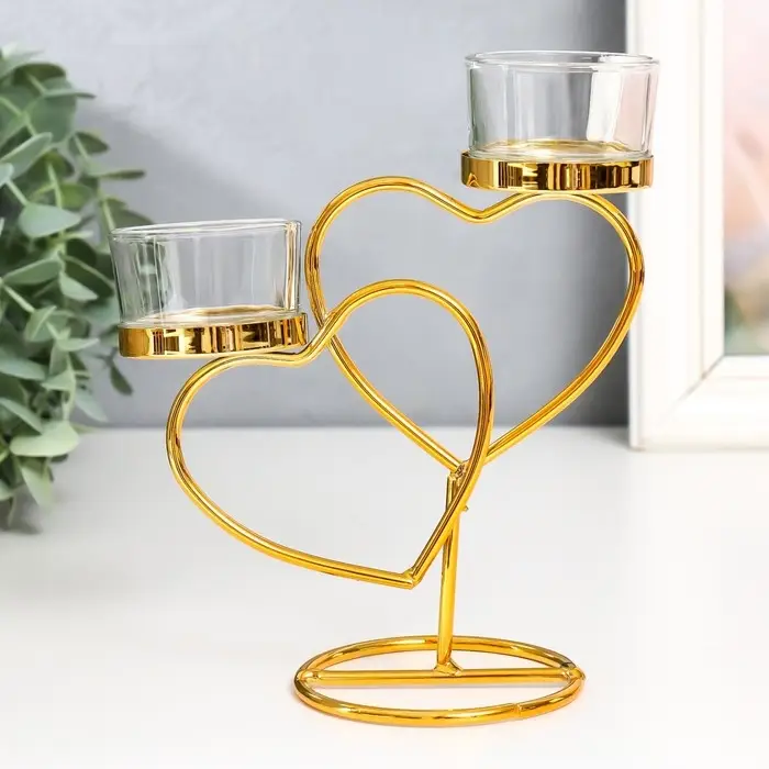 Подсвечник металл, стекло на 2 свечи  Подсвечник металл, стекло на 2 свечи "Два сердца" d-4,5 см золото 14х6,5х17,5 см