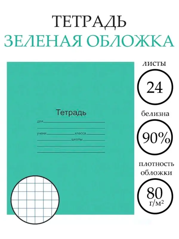 Тетрадь 24 листа в клетку &laquo;Зелёная обложка&raquo;, плотность 60 г/м&sup2;