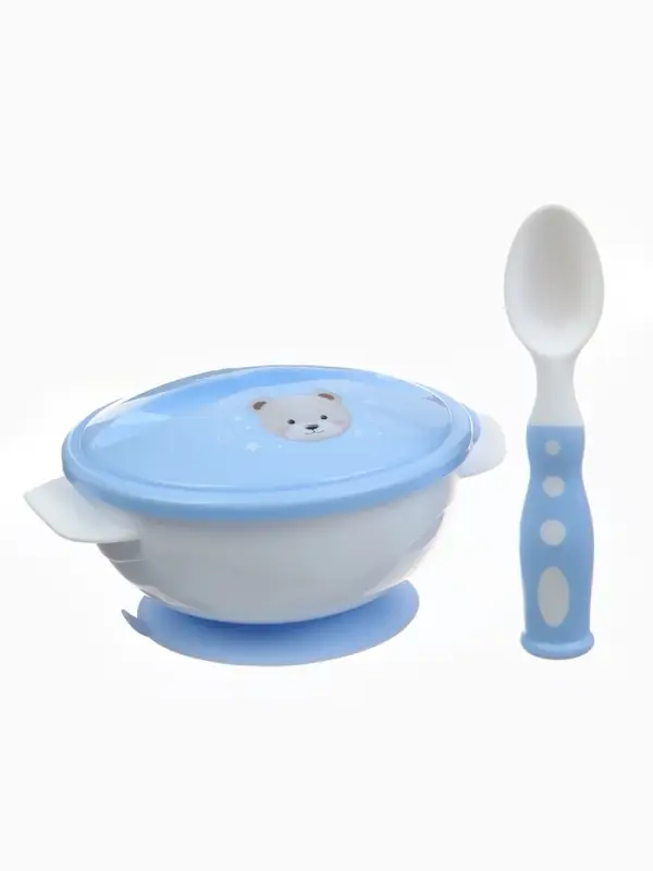 Тарелка на присоске из силикона M&B &laquo;Сладкий малыш&raquo;, в наборе крышка, ложка, голубой