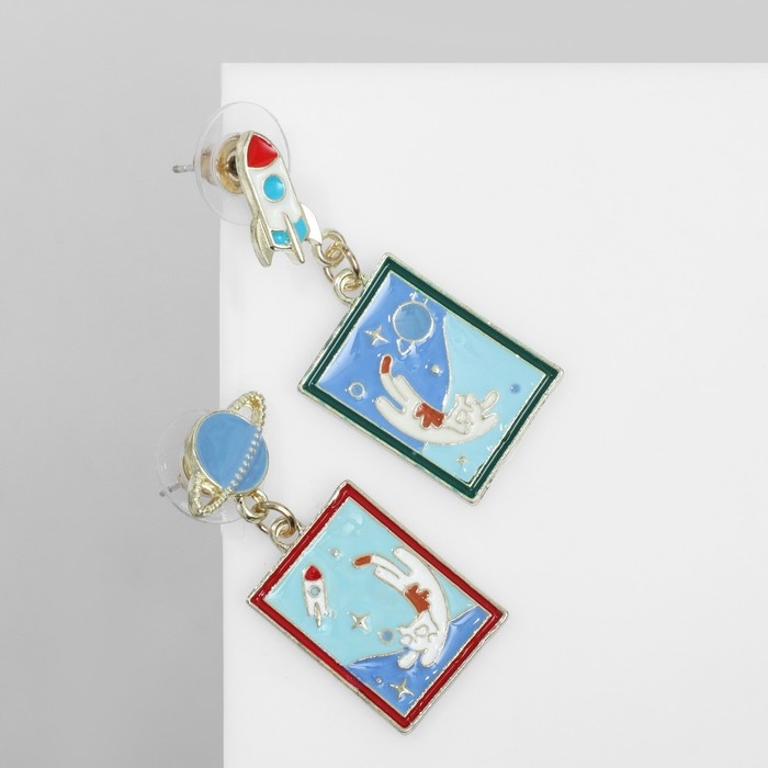 Серьги эмаль «Космос» и коты, цвет бело-синий в золоте Серьги эмаль «Космос» и коты, цвет бело-синий в золоте
