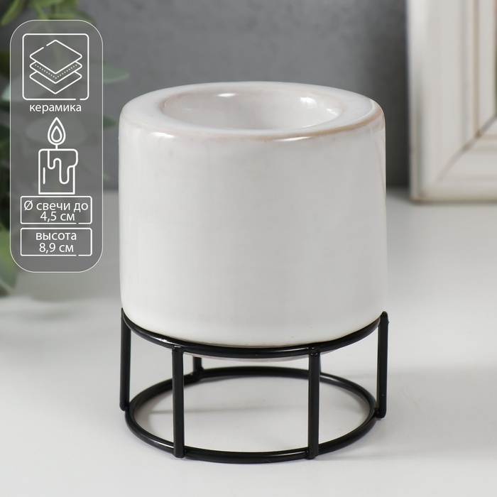 Подсвечник керамика, металл на 1 свечу  Подсвечник керамика, металл на 1 свечу "Пенёк" белый с чёрным 7,7х7,7х8,9 см