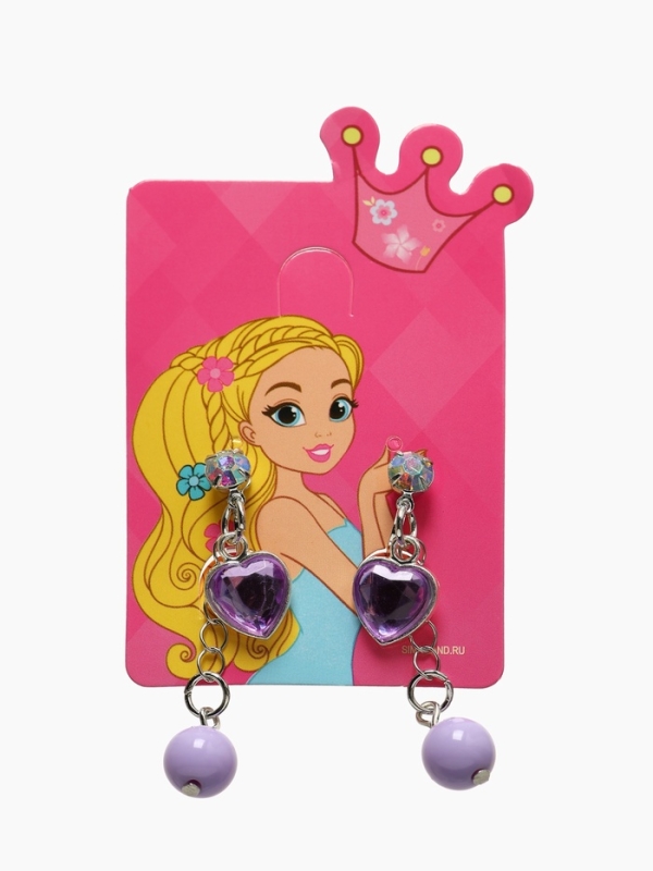 Серьги-клипсы детские  Серьги-клипсы детские "Выбражулька" сердце на цепочке с кругом кристалл, цвет сиренево-радужный