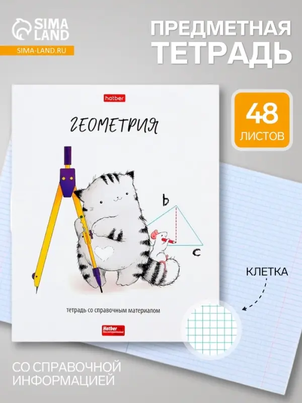Предметная тетрадь по геометрии Hatber &laquo;Приключения кота Пирожка&raquo;, 48 листов, в клетку, со справочным материалом, обложка из мелованной бумаги