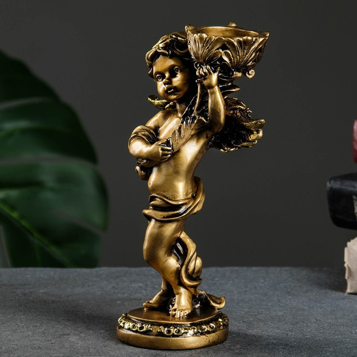 Подсвечник "Ангелочек" в левой руке, золото, 14х8х22 см, для свечи d=4 см