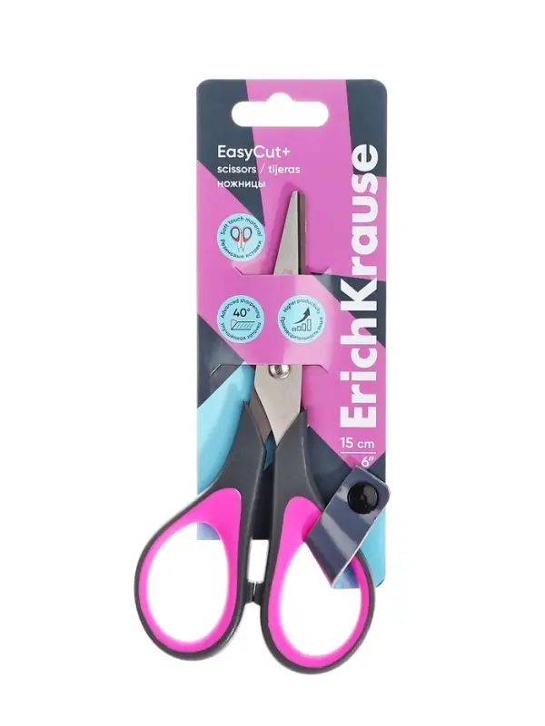 Ножницы ErichKrause Standard+, 15 см, антискользящие резиновые вставки, улучшенная заточка, блистер, МИКС