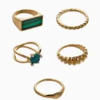 Набор колец 5 шт "Новый стиль" натурель, размер МИКС, цвет изумрудный в золоте