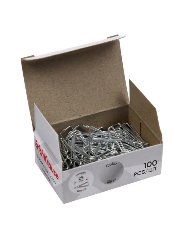 Скрепки канцелярские 25 мм, 100 штук, ErichKrause, никелированные, треугольные, картонная упаковка