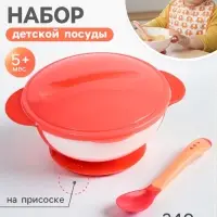 Тарелка на присоске Крошка Я 340 мл, в наборе крышка, термоложка, розовый