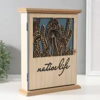 Ключница настенная &laquo;Грибы&raquo;, дерево, 6 крючков, бежево-синяя, 6.2&times;19.5&times;25.2 см