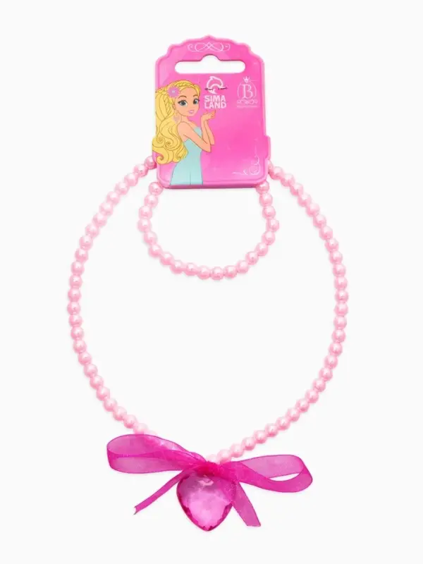 Набор детских украшений &laquo;Выбражулька. Сердце, бант&raquo;, 2 предмета: бусы 35 см, браслет, d=5.5 см, белый, малиновый