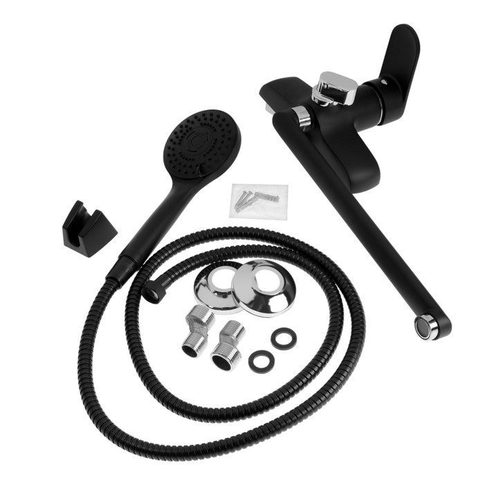 Смеситель для ванны ZEIN Z4052, излив 30 см, картридж 40 мм, с душевым набором, черный/хром Смеситель для ванны ZEIN Z4052, излив 30 см, картридж 40 мм, с душевым набором, черный/хром