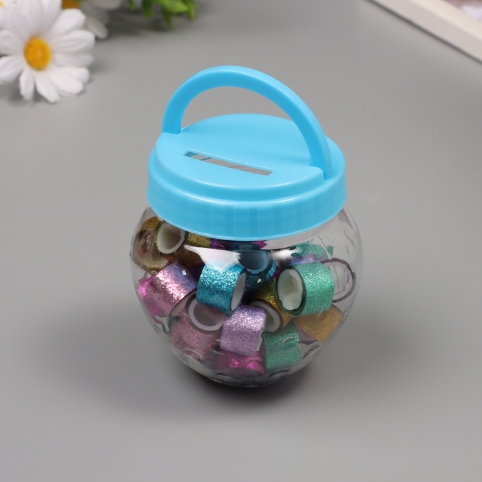 Клейкая лента пластик в банке  Клейкая лента пластик в банке "Шайн. Микс" н-р 40 шт 1,2 см, дл. 0,9 м 7х7х9 см