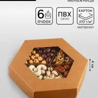 Коробка - менажница крафт, с ПВХ окном, 6 ячеек, 20&times;4 см