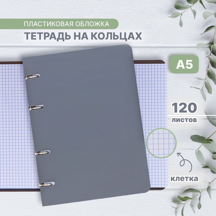Тетрадь на кольцах A5 120 листов в клетку Calligrata Серая, пластиковая обложка, блок офсет Тетрадь на кольцах A5 120 листов в клетку Calligrata Серая, пластиковая обложка, блок офсет