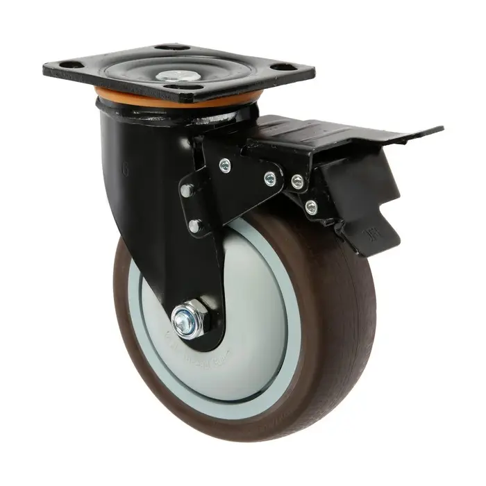 Колесо для транспортной тележек поворотное ТУНДРА, d=150 мм, на площадке, со стопором, покрытие TPR 9917
