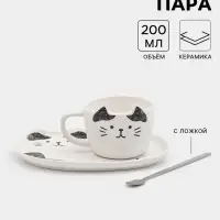 Чайная пара &laquo;Котик&raquo;, 3 предмета: чашка 200 мл, блюдце 18.5&times;13.5 см, ложка, керамика