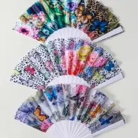 Веер пластик, текстиль "Бабочки и цветы на леопарде" МИКС 23 см