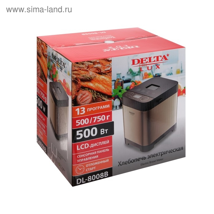 Хлебопечка DELTA LUX DL-8008В, 500 Вт, 13 программ, ускоренная выпечка, таймер, золотистая