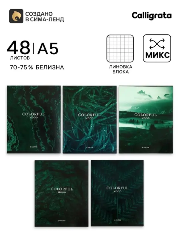 Тетрадь 48 листов в клетку, Calligrata &laquo;Изумруд&raquo;, МИКС