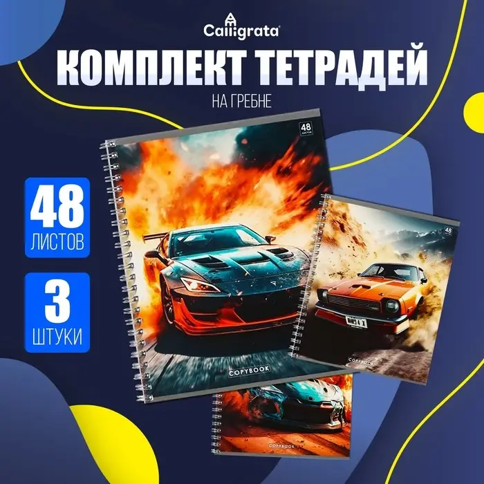 Комплект тетрадей из 3 штук, 48 листов в клетку на гребне Calligrata Комплект тетрадей из 3 штук, 48 листов в клетку на гребне Calligrata "Авто", обложка мелованный картон, ВД-лак, блок офсет
