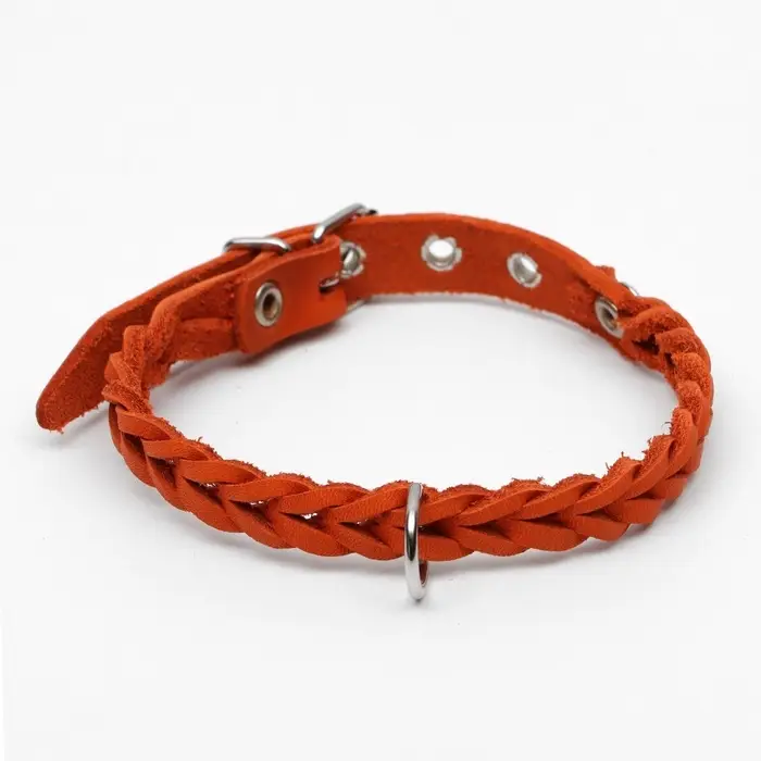 Ошейник, 1.2&times;36 см, ОШ 20-30 см, плетёный, кожа, оранжевый