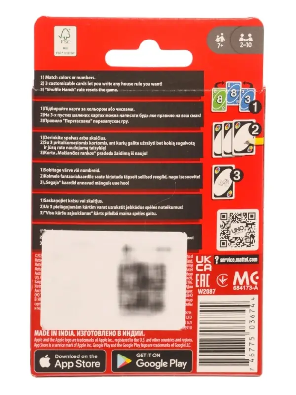 Настольная игра Uno, 2-10 игроков, 7+