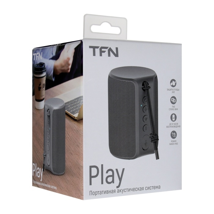 Портативная колонка TFN Play, 5 Вт, microUSB, IPX7, 1800 мАч, серая Портативная колонка TFN Play, 5 Вт, microUSB, IPX7, 1800 мАч, серая