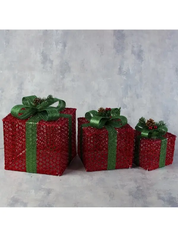 Светодиодная фигура &laquo;Подарки с зелёной лентой&raquo; 15, 20, 25 см, текстиль, металл, 220 В, свечение тёплое белое