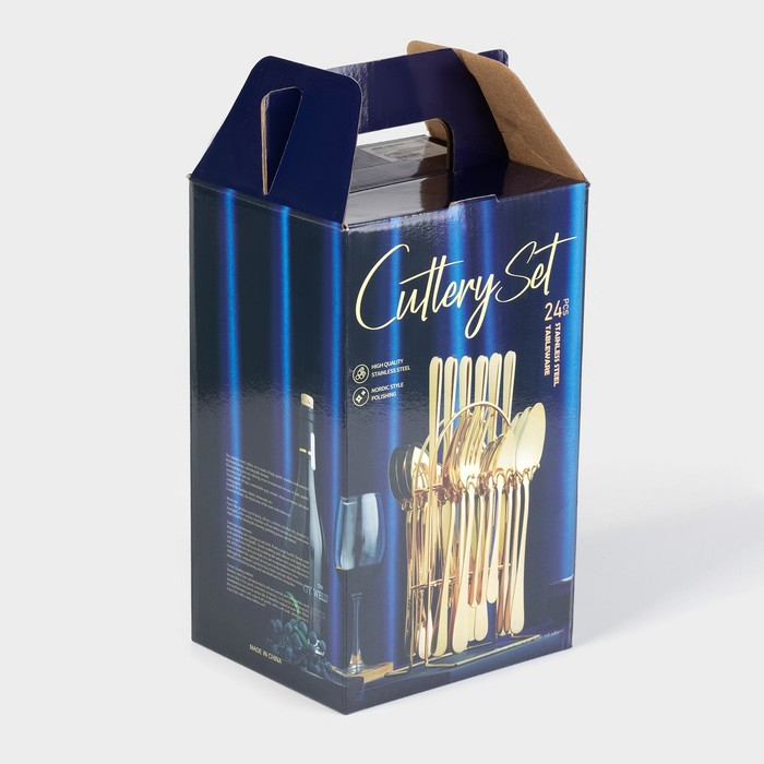 Набор столовых приборов из нержавеющей стали «Золото», 24 предмета, на подставке, цвет золотой Набор столовых приборов из нержавеющей стали «Золото», 24 предмета, на подставке, цвет золотой