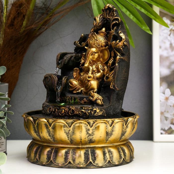 Фонтан настольный от сети, подсветка Фонтан настольный от сети, подсветка "Золотой Ганеша на ажурном троне" 28х20,5х20,5 см