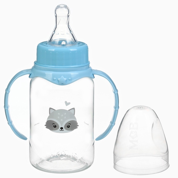 Бутылочка для кормления «Малыш енот» 150 мл, цилиндр, с ручками, цвет голубой Бутылочка для кормления «Малыш енот» 150 мл, цилиндр, с ручками, цвет голубой