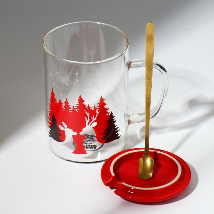 Новый год. Кружка стеклянная с ложкой и крышкой «Зимний лес», 470 мл Новый год. Кружка стеклянная с ложкой и крышкой «Зимний лес», 470 мл