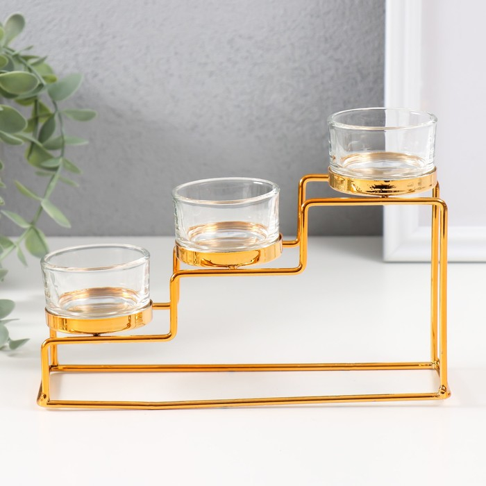 Подсвечник металл, стекло на 3 свечи "Лестница" золото 20х6х10 см