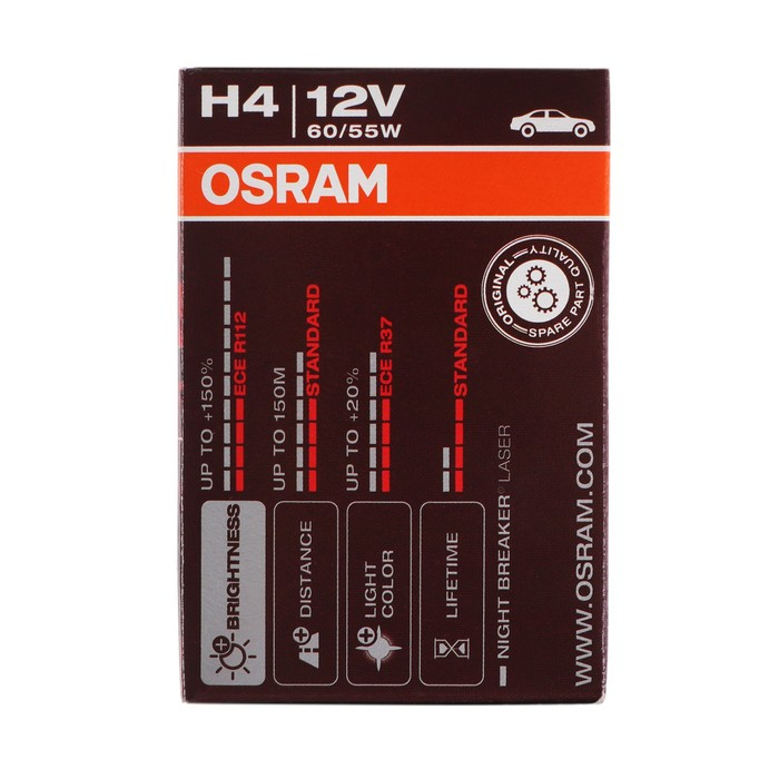 Лампа автомобильная Osram NIGHT LASER H4 P43t, 12 В, 60/55 Вт,+150%, 4050K,64193NL Лампа автомобильная Osram NIGHT LASER H4 P43t, 12 В, 60/55 Вт,+150%, 4050K,64193NL