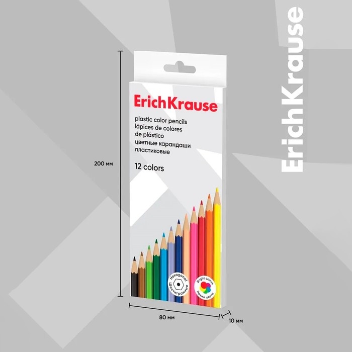 Карандаши 12 цветов, ErichKrause, пластик, шестигранные, 2,6 мм грифель, картонная упаковка, европодвес Карандаши 12 цветов, ErichKrause, пластик, шестигранные, 2,6 мм грифель, картонная упаковка, европодвес