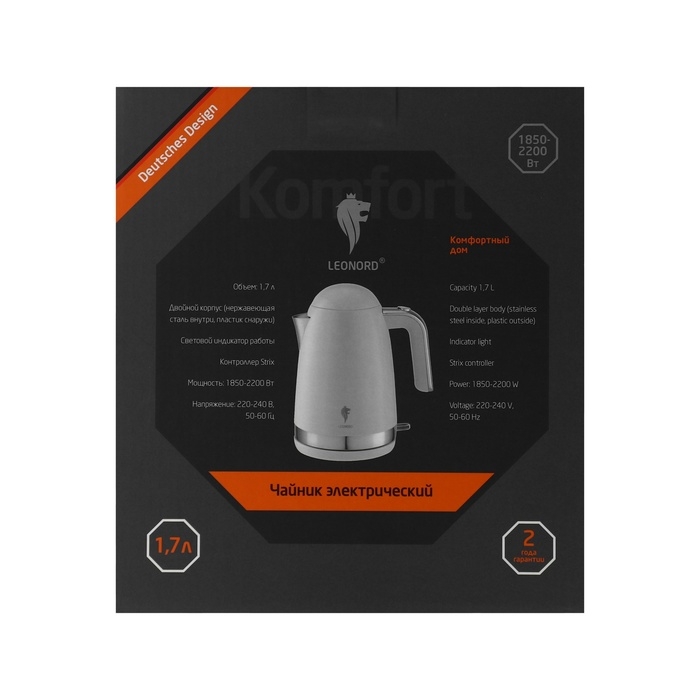 Чайник электрический Leonord LE-1515, пластик, колба металл, 1,7 л, 2200 Вт, бежевый Чайник электрический Leonord LE-1515, пластик, колба металл, 1,7 л, 2200 Вт, бежевый