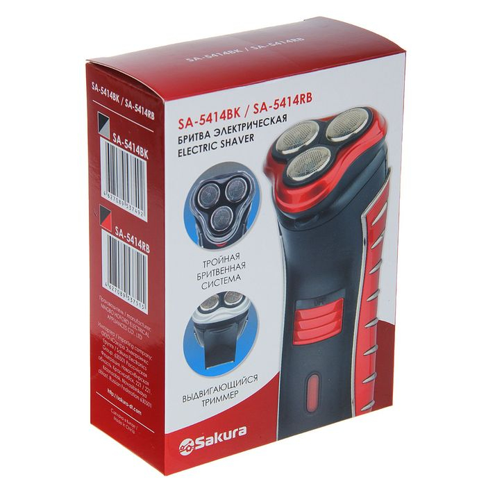 Электробритва Sakura SA-5414RB, 3 Вт, сеточная, 3 плавающие головки, триммер, АКБ, красная Электробритва Sakura SA-5414RB, 3 Вт, сеточная, 3 плавающие головки, триммер, АКБ, красная