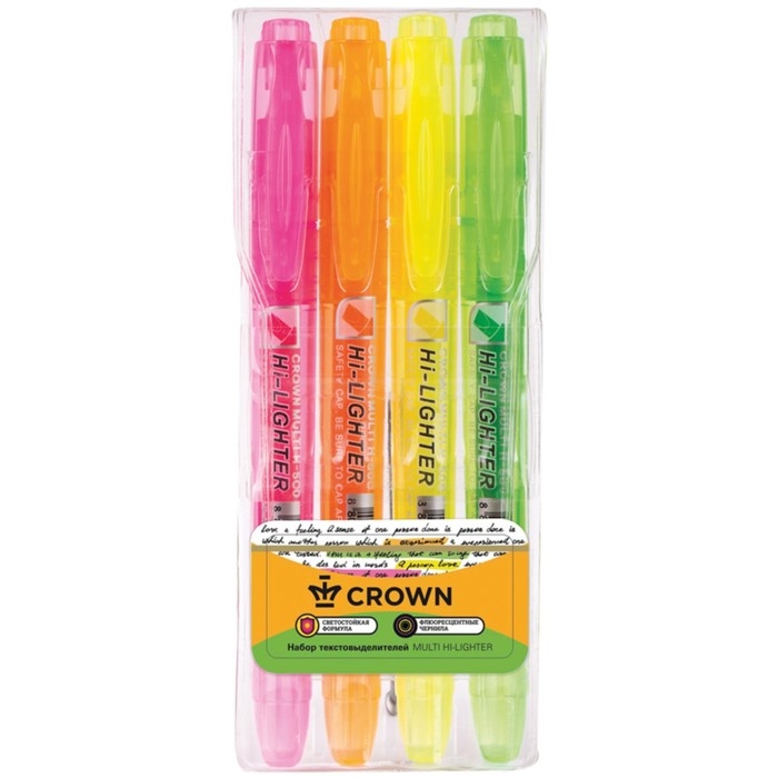 Набор маркеров текстовыделителей Crown, Multi Hi-Lighter Набор маркеров текстовыделителей Crown, Multi Hi-Lighter", 4 штуки, 4 цвета, 1.0-4.0 мм, чернила на водной основе, чехол с европодвесом