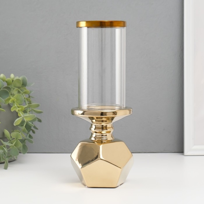 Подсвечник керамика, стекло на 1 свечу  Подсвечник керамика, стекло на 1 свечу "Грани" d=7,5 см золото 10,5х10,5х27 см