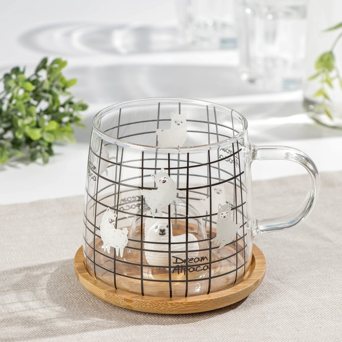 Кружка стеклянная с деревянной крышкой «Лама», 300 мл, рисунок МИКС Кружка стеклянная с деревянной крышкой «Лама», 300 мл, рисунок МИКС