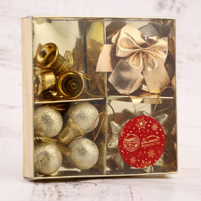 Набор украшений пластик 16 шт Набор украшений пластик 16 шт "Сюрприз" (4 колокол, 4 шара, 4 звезды, 4 банта) золото
