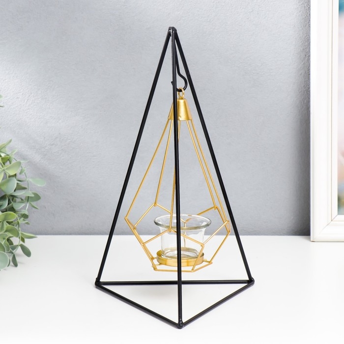 Подсвечник металл, стекло на 1 свечу "Пирамида в треугольнике" чёрный 33х16,5х15 см