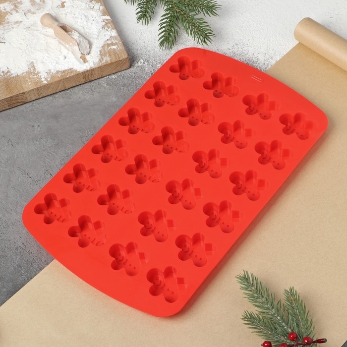 Форма для выпечки новогодняя Доляна &laquo;Пряничный человек&raquo;, силикон, 32,5&times;21&times;1,5 см, 24 ячейки, цвет красный