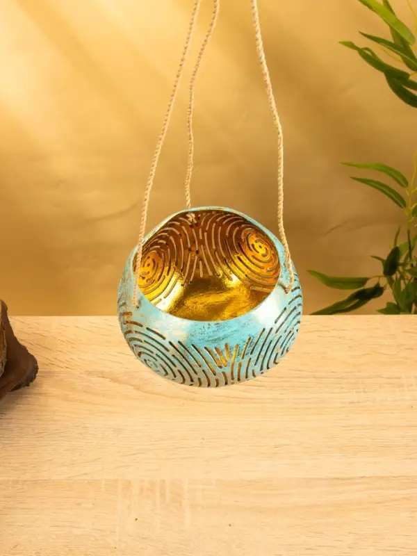 Подсвечник подвесной из кокоса, 14×14×10 см, бирюзово-золотой