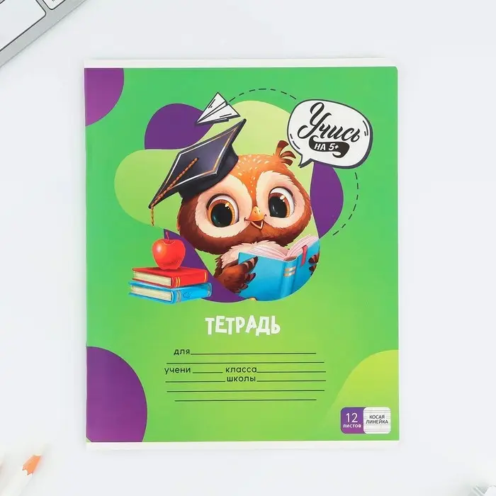 Тетрадь 12 листов в косую линейку, А5, на скрепке, блок №1 &laquo;Учись на 5+&raquo; МИКС