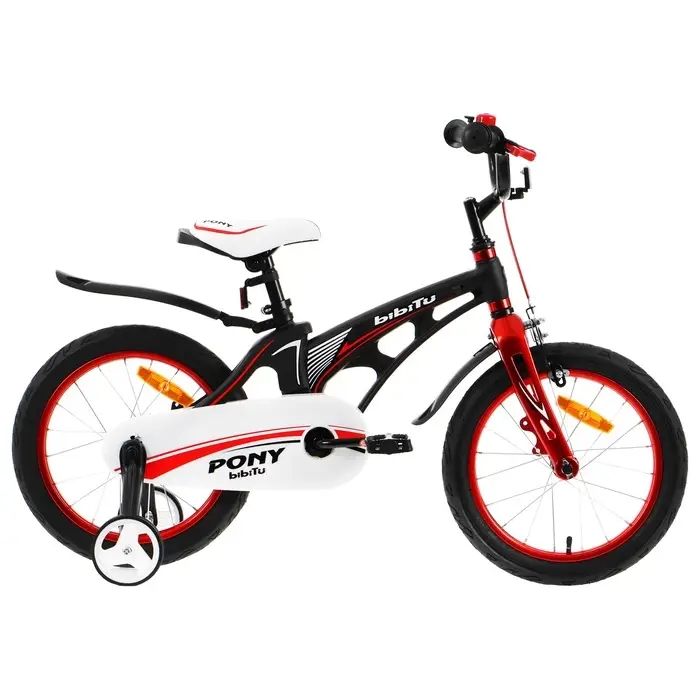 Велосипед детский BIBITU PONY, диаметр колёс 16", со съёмными колёсами, чёрный, красный